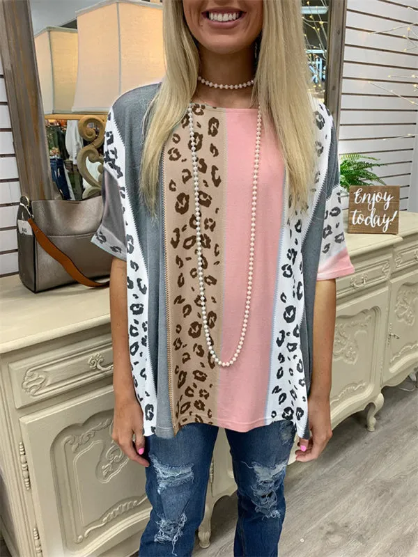 Printed half-sleeve leopard loose casual pullover top