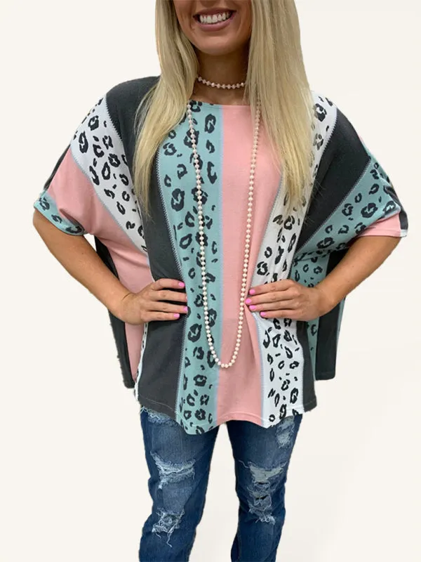 Printed half-sleeve leopard loose casual pullover top