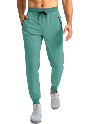 Pudolla Men's Lightweight Jogger Pants Workout Running Tapered Joggers for Men with Zipper Pockets for Athletic Travel Casual(Tea Green)
