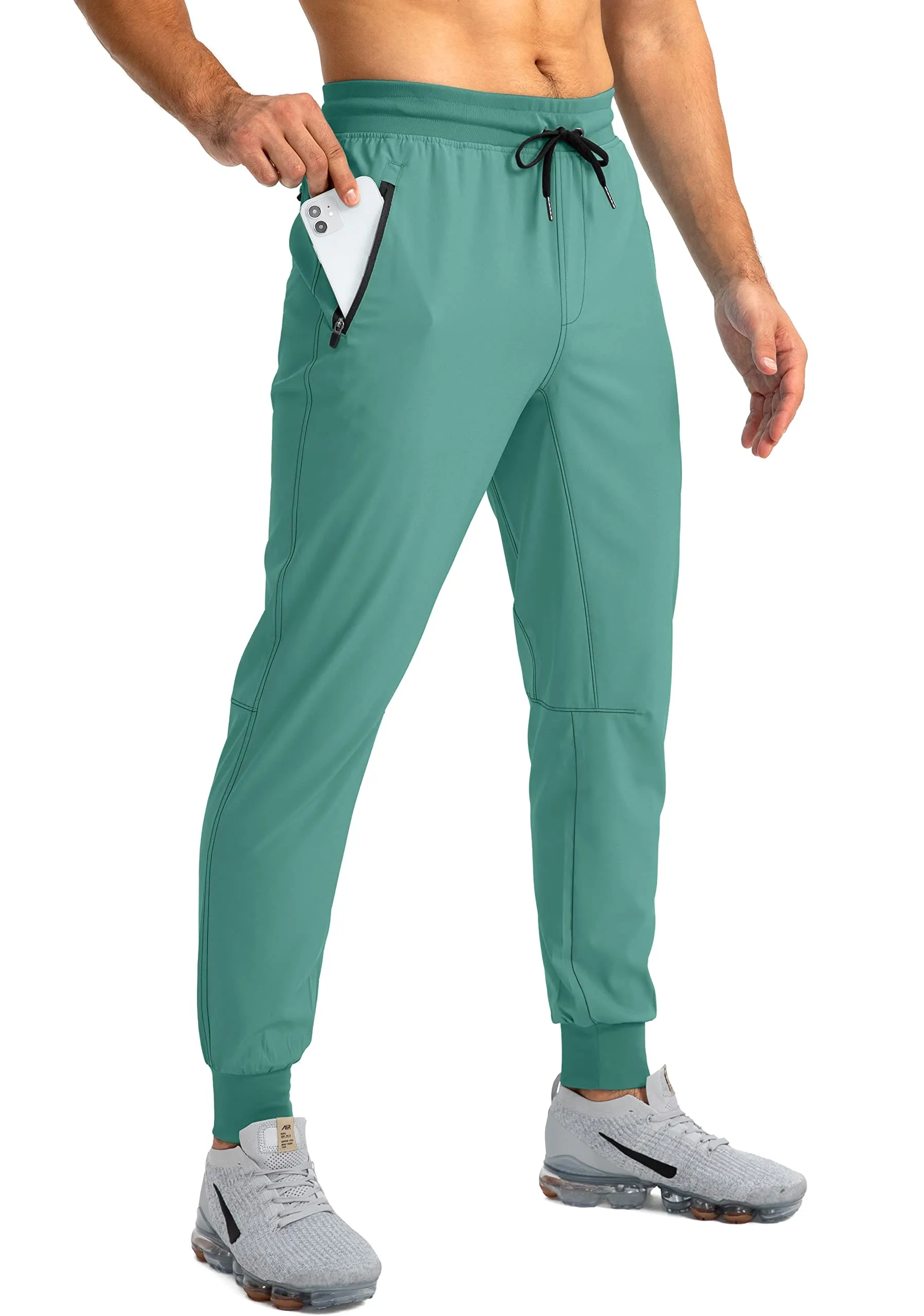 Pudolla Men's Lightweight Jogger Pants Workout Running Tapered Joggers for Men with Zipper Pockets for Athletic Travel Casual(Tea Green)