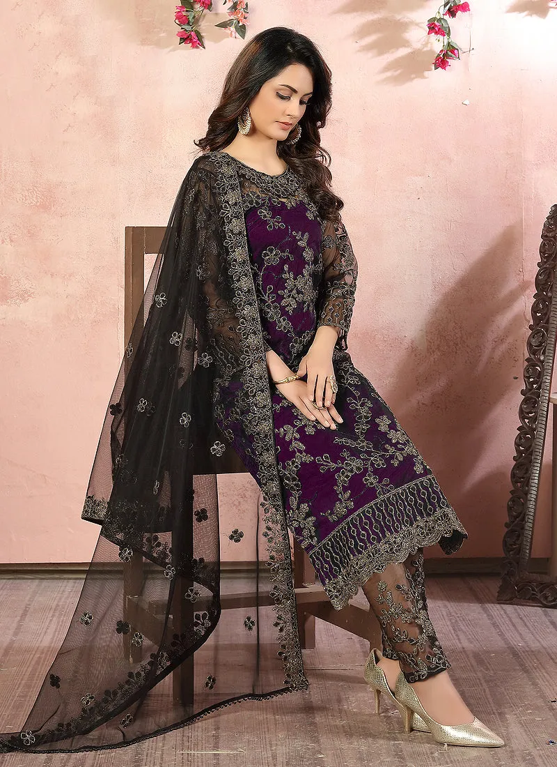 Purple Embroidered Pant Style Salwar Suit