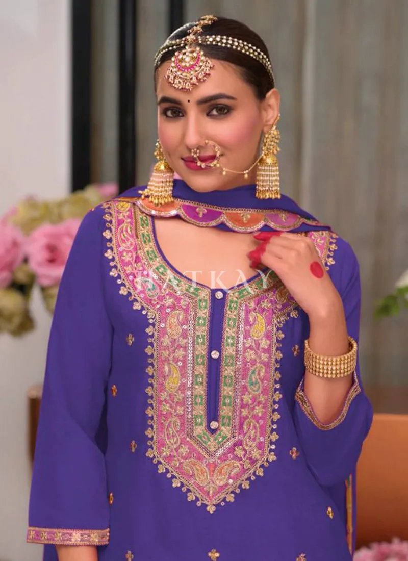 Purple Multi Embroidery Palazzo Suit