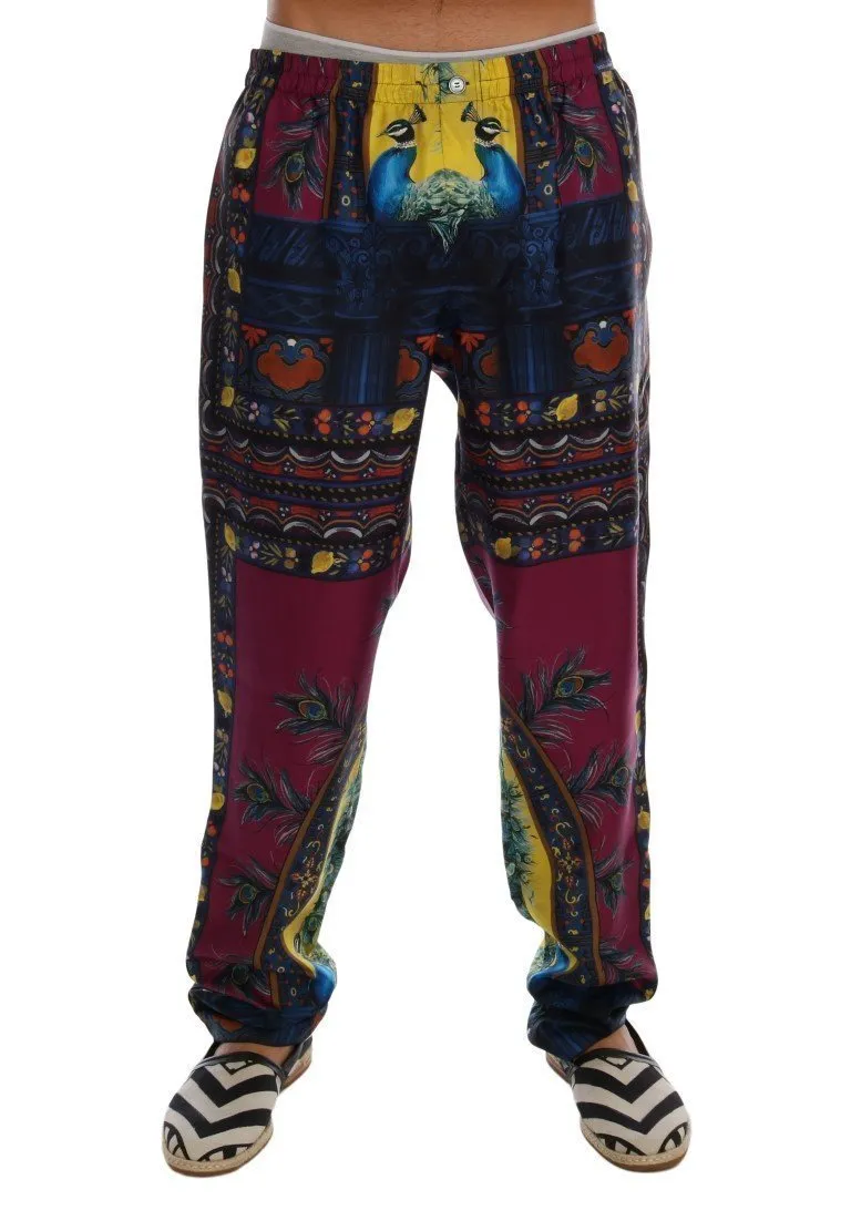 Purple Peacock Print SILK Pajama Pants