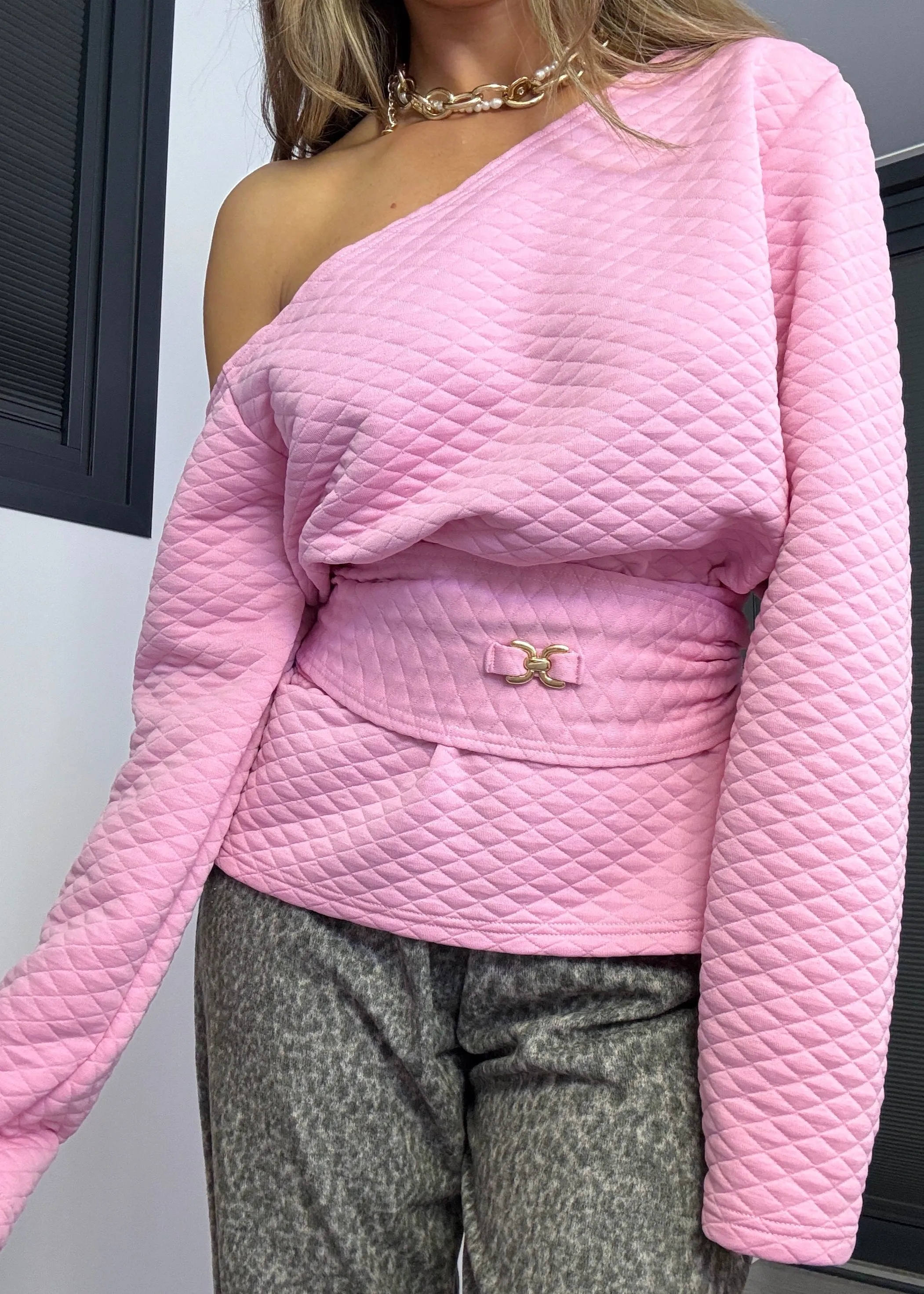 Quilted Cinch Waist Sweatshirt Sugar Pink
