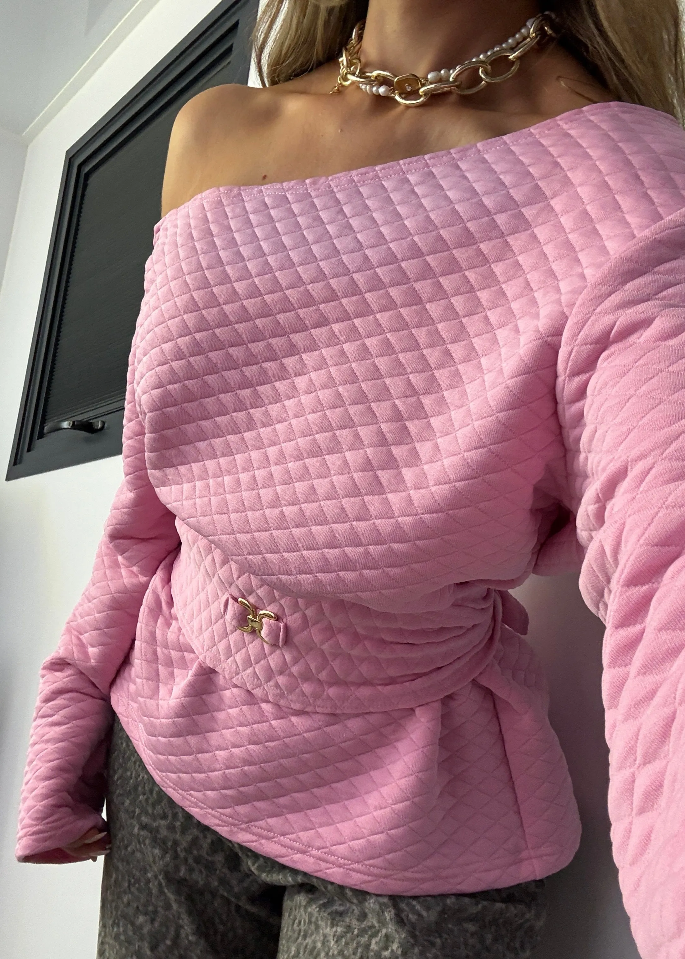 Quilted Cinch Waist Sweatshirt Sugar Pink