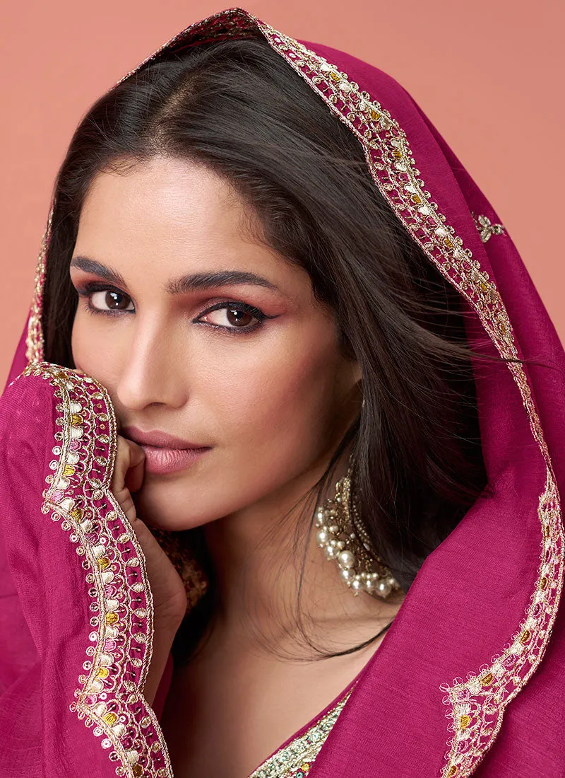 Rani Pink Resham Thread Embroidery Anarkali Palazzo Suit