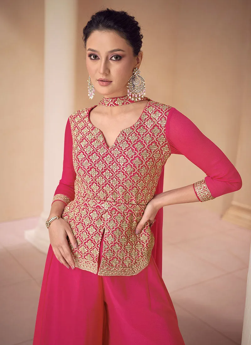 Rani Pink Sequence Embroidery Designer Kurti And Palazzo