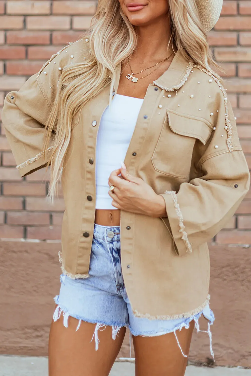 Raw Hem Pearl Trim Dropped Shoulder Denim Jacket S-XL