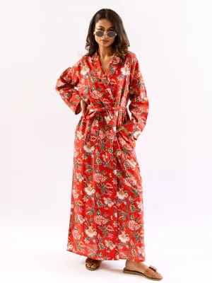 Red BloomEase Pure Cotton Collar Neck Robe