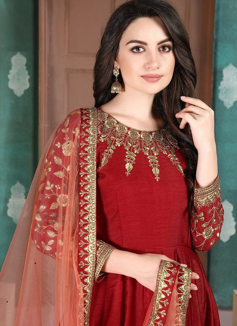 Red Golden Embroidered Anarkali Suit