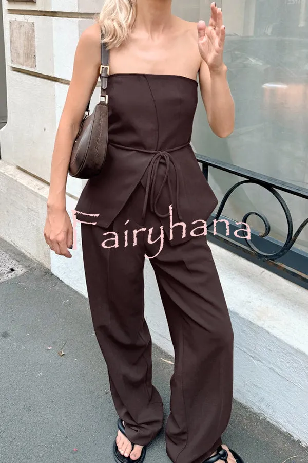 Retro Style Lace-up Tube Top and Casual Pocket Straight Pants Set