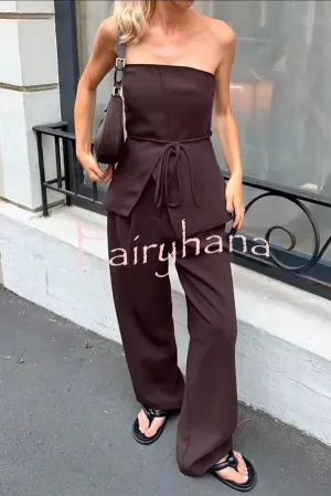 Retro Style Lace-up Tube Top and Casual Pocket Straight Pants Set
