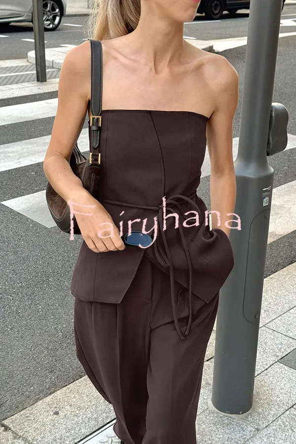 Retro Style Lace-up Tube Top and Casual Pocket Straight Pants Set