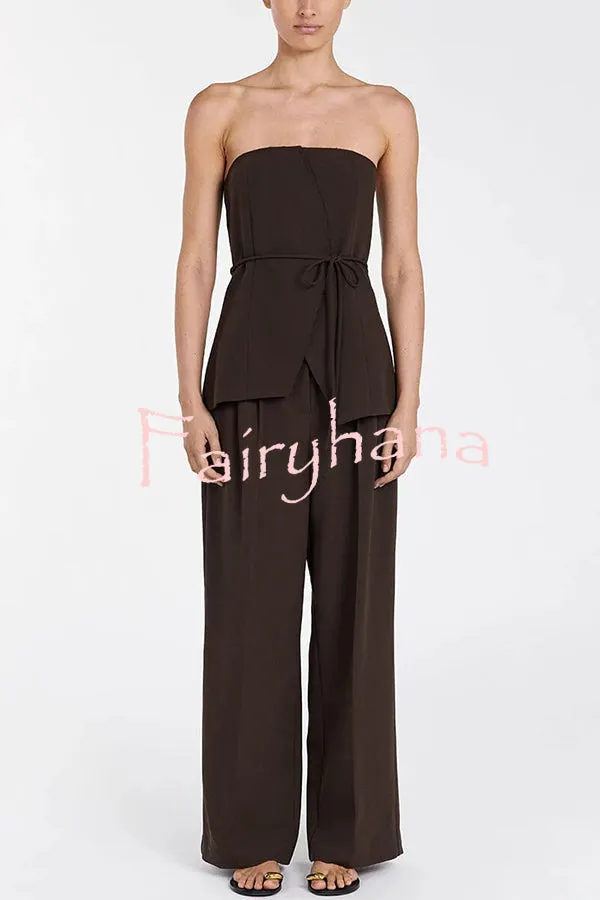 Retro Style Lace-up Tube Top and Casual Pocket Straight Pants Set