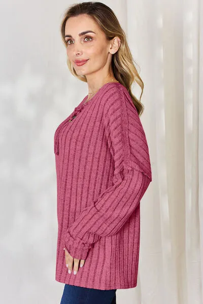 Ribbed Half Button Long Sleeve- 5 Colors (Brick, Green, Peacock, Pink, Sky)