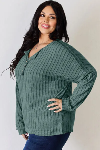 Ribbed Half Button Long Sleeve- 5 Colors (Brick, Green, Peacock, Pink, Sky)
