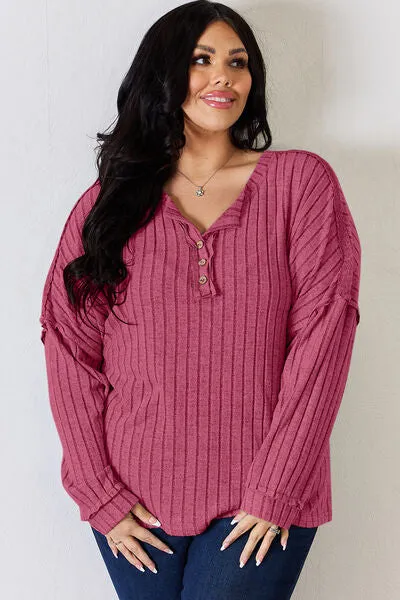 Ribbed Half Button Long Sleeve- 5 Colors (Brick, Green, Peacock, Pink, Sky)