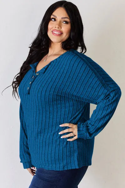 Ribbed Half Button Long Sleeve- 5 Colors (Brick, Green, Peacock, Pink, Sky)