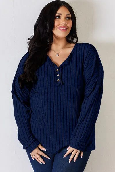 Ribbed Half Button Long Sleeve- 5 Colors (Brick, Green, Peacock, Pink, Sky)