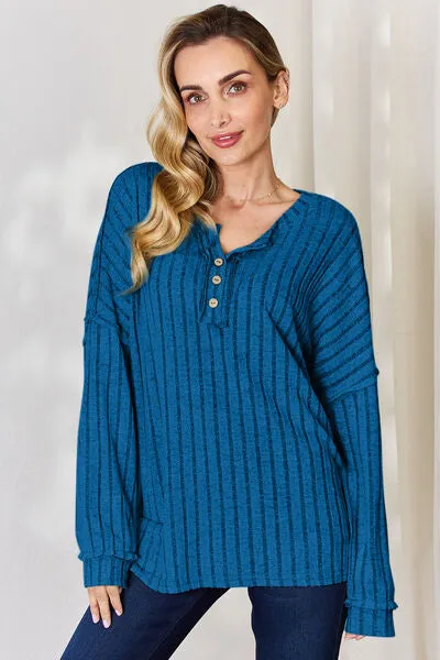 Ribbed Half Button Long Sleeve- 5 Colors (Brick, Green, Peacock, Pink, Sky)