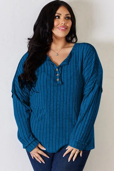 Ribbed Half Button Long Sleeve- 5 Colors (Brick, Green, Peacock, Pink, Sky)