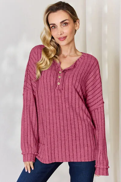 Ribbed Half Button Long Sleeve- 5 Colors (Brick, Green, Peacock, Pink, Sky)