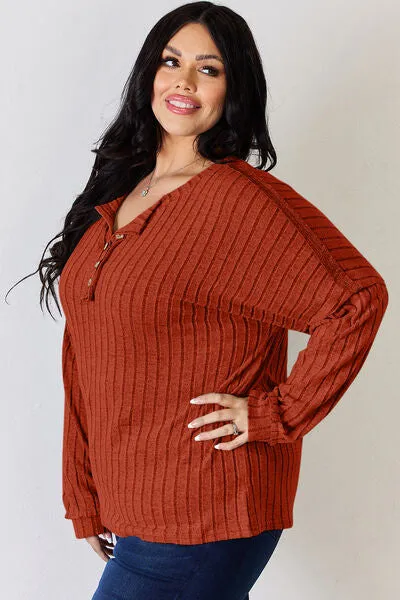 Ribbed Half Button Long Sleeve- 5 Colors (Brick, Green, Peacock, Pink, Sky)