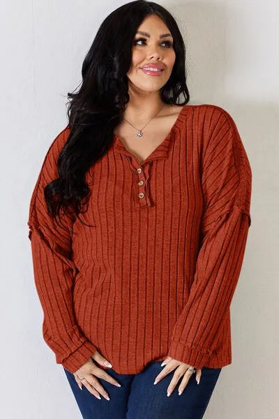 Ribbed Half Button Long Sleeve- 5 Colors (Brick, Green, Peacock, Pink, Sky)