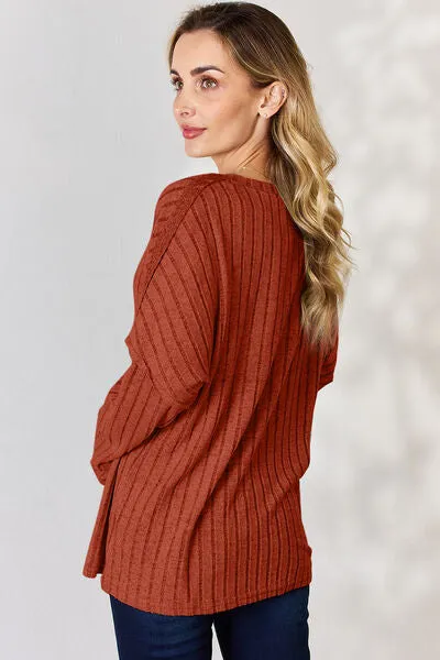 Ribbed Half Button Long Sleeve- 5 Colors (Brick, Green, Peacock, Pink, Sky)