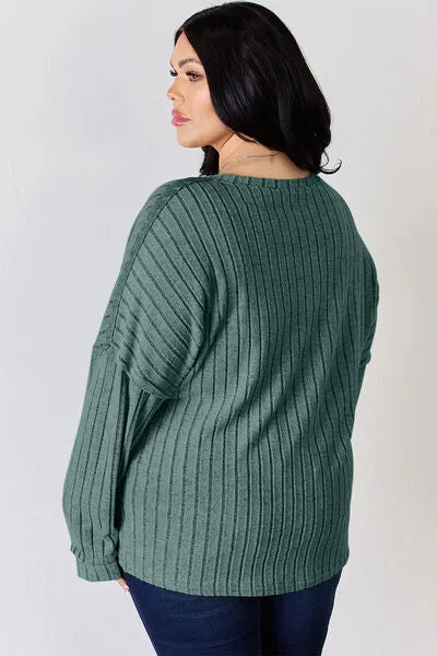 Ribbed Half Button Long Sleeve- 5 Colors (Brick, Green, Peacock, Pink, Sky)