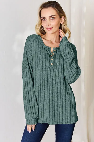 Ribbed Half Button Long Sleeve- 5 Colors (Brick, Green, Peacock, Pink, Sky)