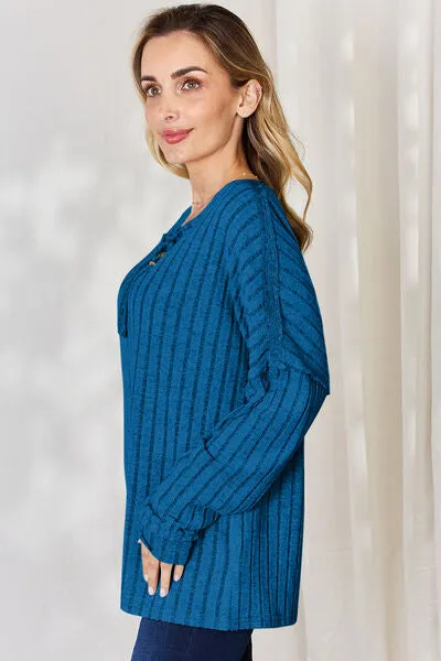 Ribbed Half Button Long Sleeve- 5 Colors (Brick, Green, Peacock, Pink, Sky)