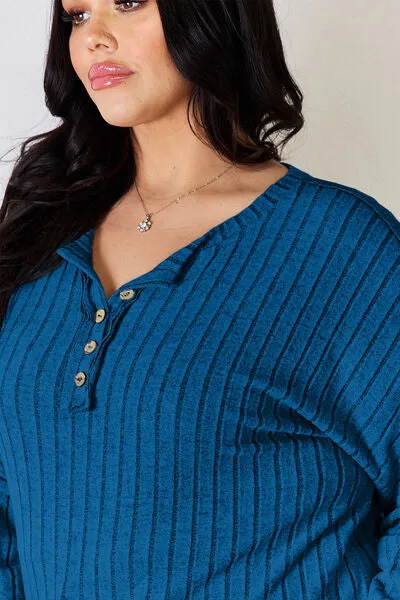 Ribbed Half Button Long Sleeve- 5 Colors (Brick, Green, Peacock, Pink, Sky)