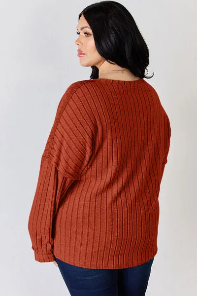Ribbed Half Button Long Sleeve- 5 Colors (Brick, Green, Peacock, Pink, Sky)