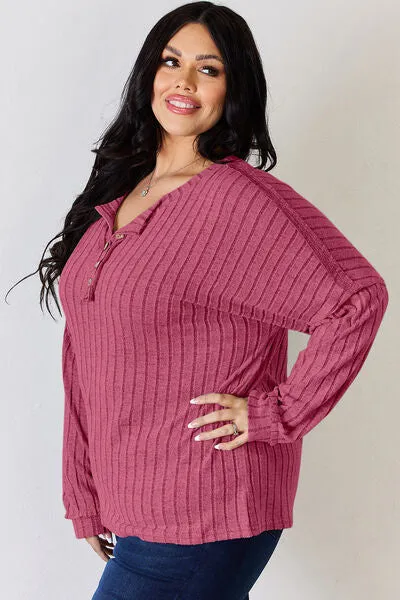 Ribbed Half Button Long Sleeve- 5 Colors (Brick, Green, Peacock, Pink, Sky)