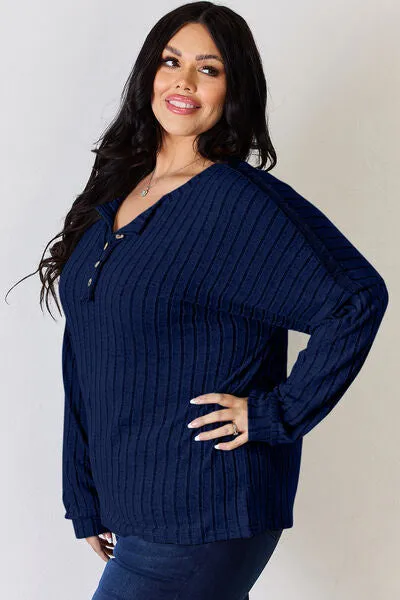Ribbed Half Button Long Sleeve- 5 Colors (Brick, Green, Peacock, Pink, Sky)