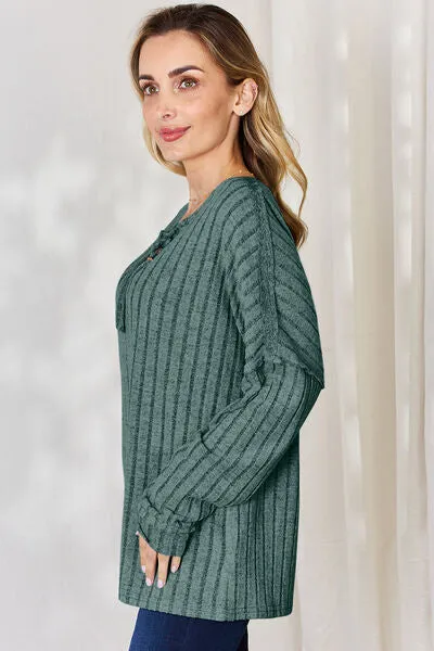 Ribbed Half Button Long Sleeve- 5 Colors (Brick, Green, Peacock, Pink, Sky)