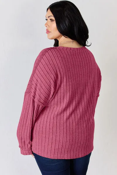 Ribbed Half Button Long Sleeve- 5 Colors (Brick, Green, Peacock, Pink, Sky)