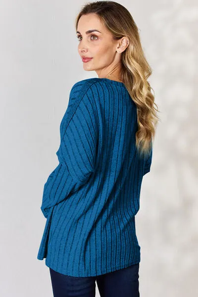 Ribbed Half Button Long Sleeve- 5 Colors (Brick, Green, Peacock, Pink, Sky)