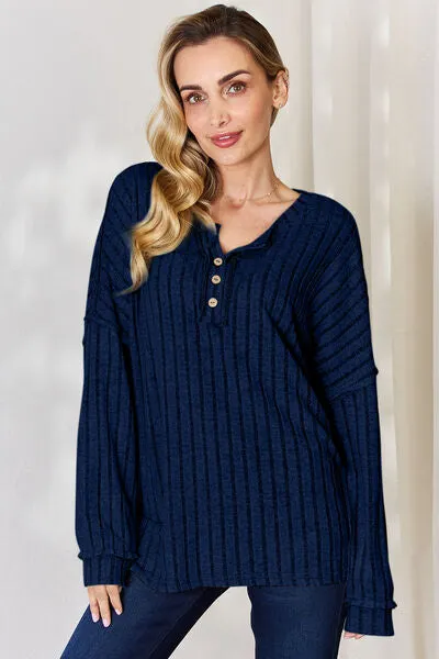Ribbed Half Button Long Sleeve- 5 Colors (Brick, Green, Peacock, Pink, Sky)