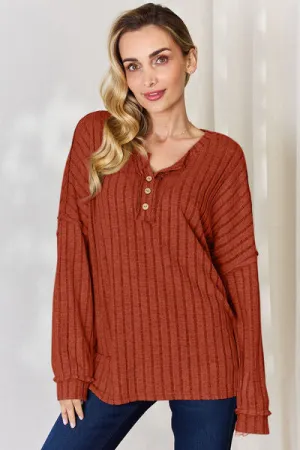 Ribbed Half Button Long Sleeve- 5 Colors (Brick, Green, Peacock, Pink, Sky)