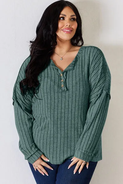 Ribbed Half Button Long Sleeve- 5 Colors (Brick, Green, Peacock, Pink, Sky)