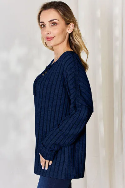 Ribbed Half Button Long Sleeve- 5 Colors (Brick, Green, Peacock, Pink, Sky)