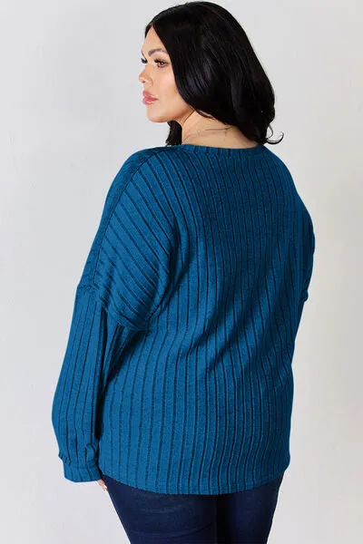 Ribbed Half Button Long Sleeve- 5 Colors (Brick, Green, Peacock, Pink, Sky)