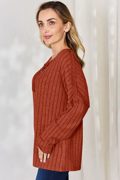 Ribbed Half Button Long Sleeve- 5 Colors (Brick, Green, Peacock, Pink, Sky)