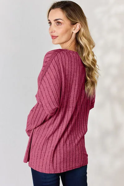 Ribbed Half Button Long Sleeve- 5 Colors (Brick, Green, Peacock, Pink, Sky)