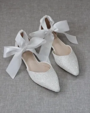 Rock Glitter Pointy Toe Flats with Satin Ankle Tie or Ballerina Lace Up