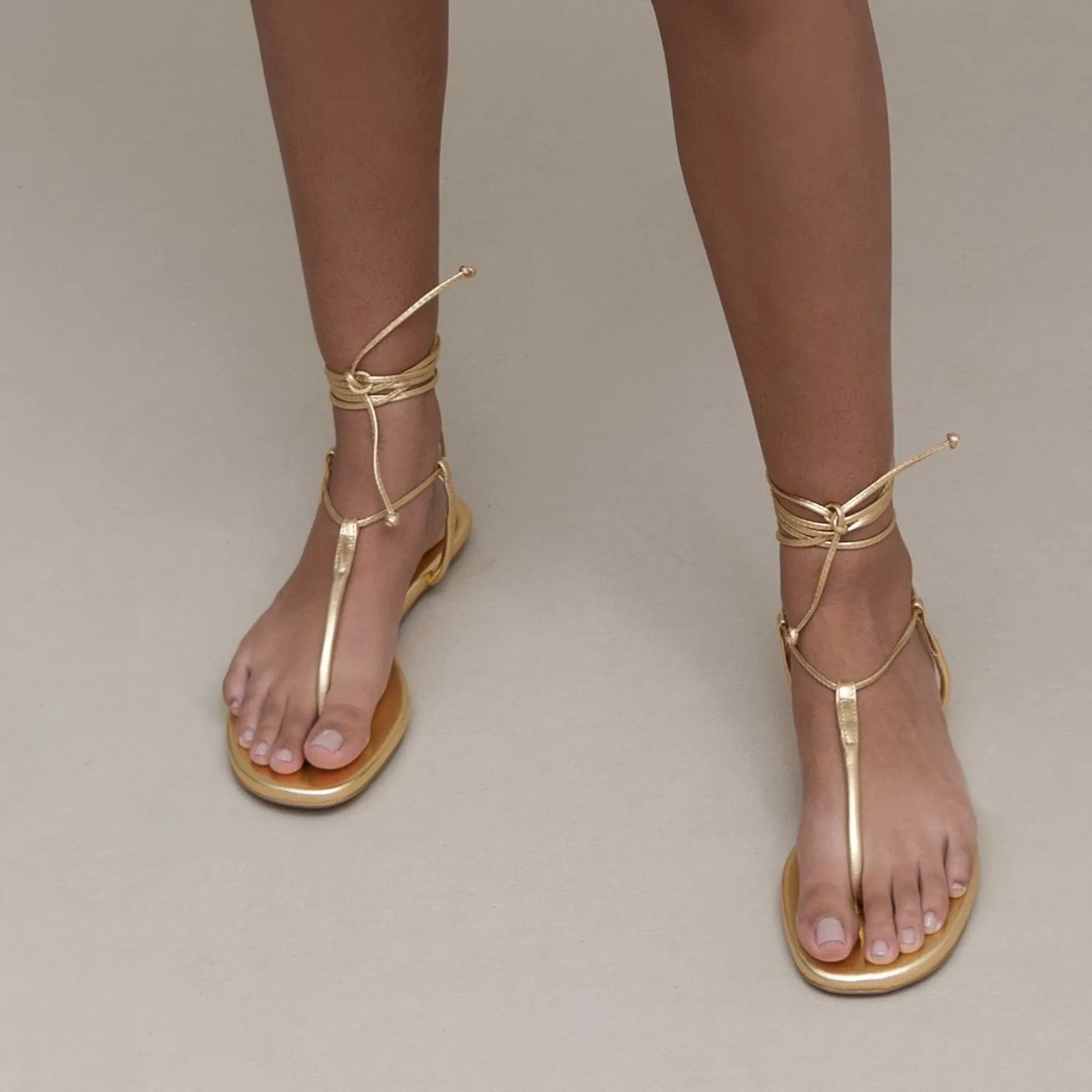 Romana Lace Up Flat Leather Sandals - Gold