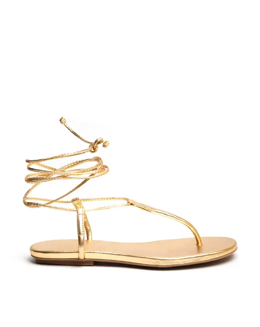 Romana Lace Up Flat Leather Sandals - Gold