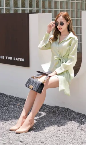 RORY Tie-Front Asymmetrical Button-Down (Honeydew)